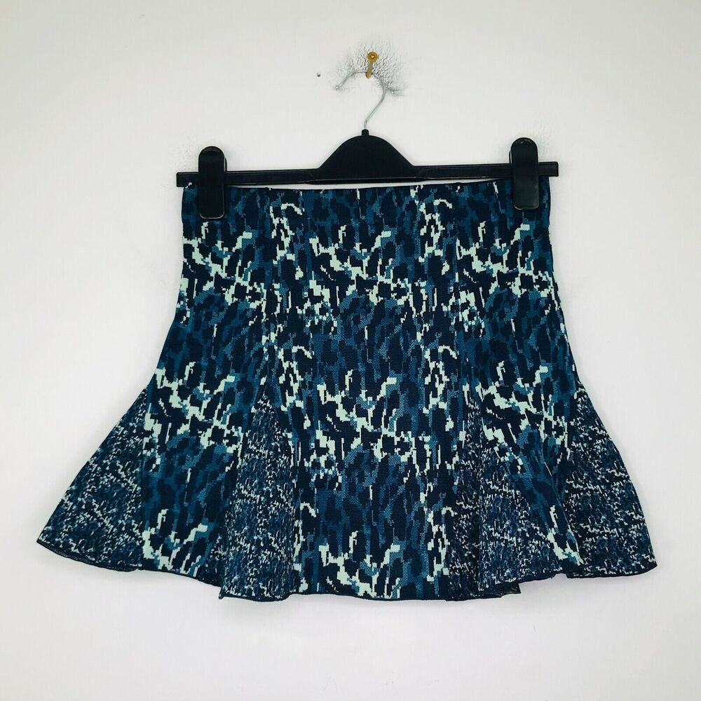 Parker Women's Small Mini Skirt Blue Animal Print Kenna Knit Godet NWT BY30